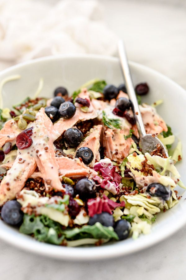 Superfood Salad with Homemade Poppy Seed Dressing | foodiecrush.com #recipe #salmon #dressing #kale #easy #quinoa