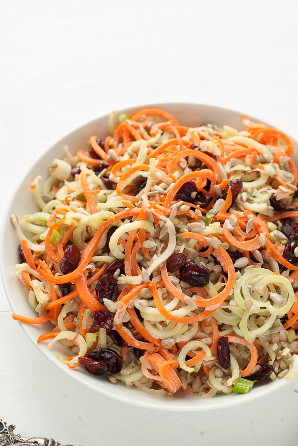Spiralized Broccoli-Stem Carrot Slaw with Dried Cranberries from boulderlocavore.com on foodiecrush.com