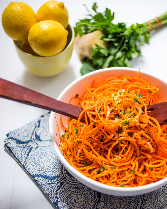 Spiralized Carrot Salad with Lemon Ginger Dressing from girlinthelittleredkitchen.com on foodiecrush.com