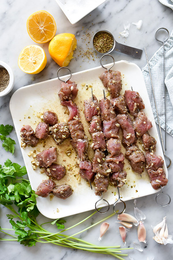 Pork Souvlaki with Lemon Rice is one of my favorite Greek recipes and comes out juicy from the grill every time #recipe #pork | foodiecrush.com