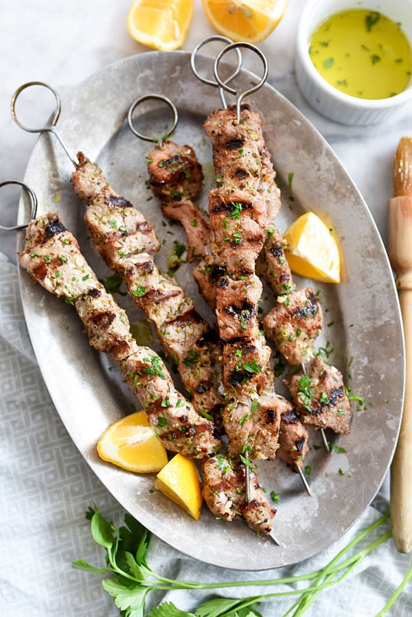 Pork Souvlaki with Lemon Rice | foodiecrush.com #marinade #Greek #recipe #homemade #meal #dinner #kabobs 