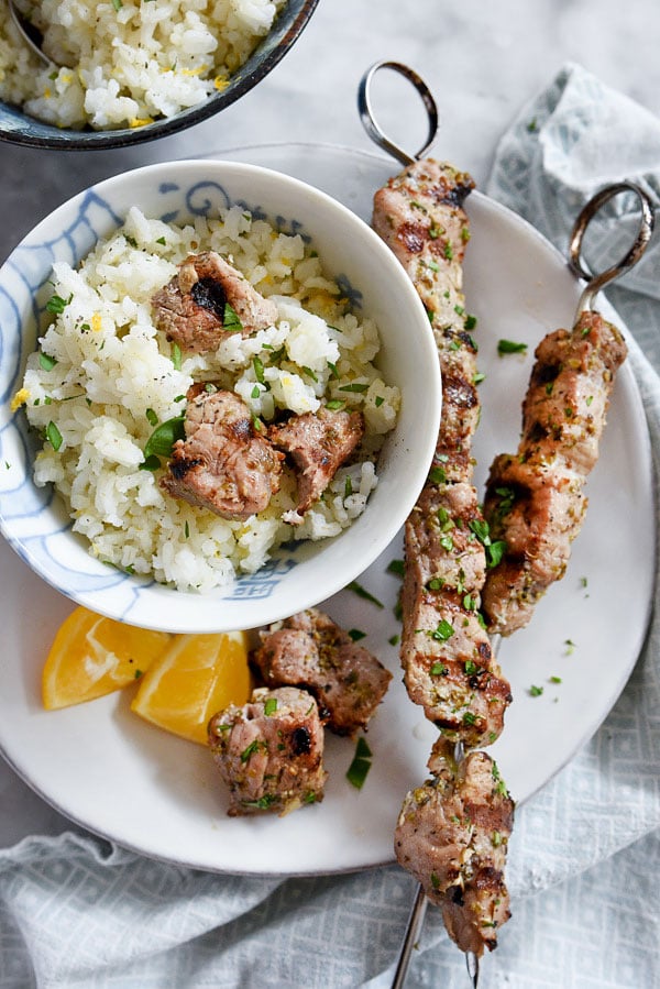 Pork Souvlaki with Lemon Rice is one of my favorite Greek recipes and comes out juicy from the grill every time #recipe #pork | foodiecrush.com