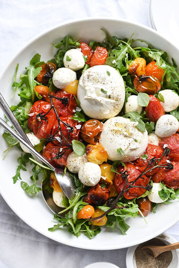 Roasted Tomato Caprese Salad | foodiecrush.com #easy #recipe #arugula #dressing #salad 