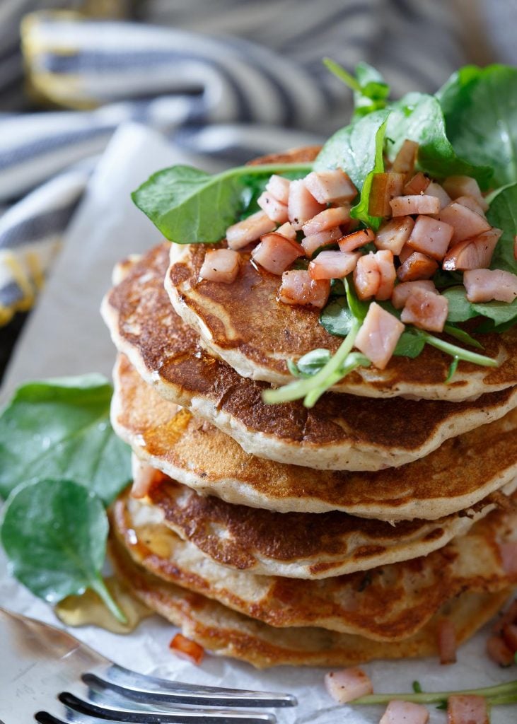 Savory Canadian Bacon Pancakes from Running to the Kitchen on foodiecrush.com 