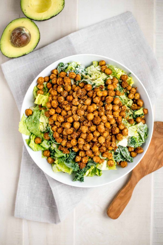 20 Minute Caesar Salad with Roasted Chickpeas from Simple Roots Wellness on foodiecrush.com 