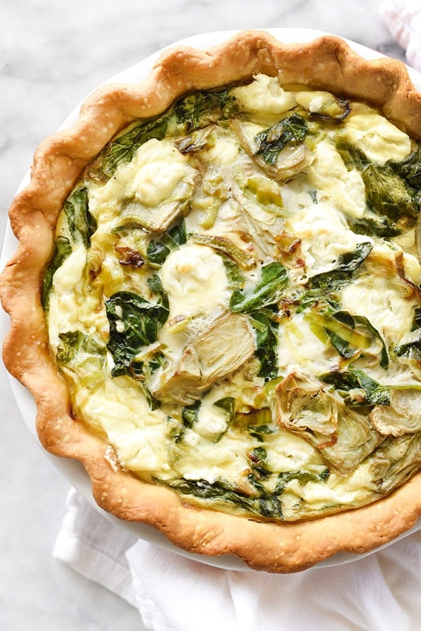 Spinach Artichoke and Goat Cheese Quiche is a simple and savory quiche with an Almondmilk and egg custard base | foodiecrush.com 