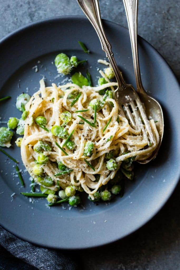 Creamy Cashew-Miso Pasta with Peas and Fava Beans from The Bojon Gourmet on foodiecrush.com
