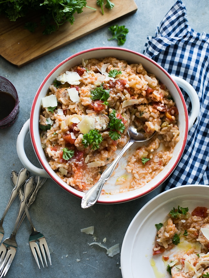 Creamy Baked Sausage Risotto from The Clever Carrot | foodiecrush.com