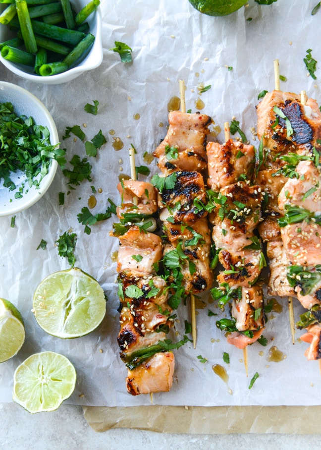 30 Minute Sweet Thai Chili Salmon Skewers from How Sweet It Is | foodiecrush.com