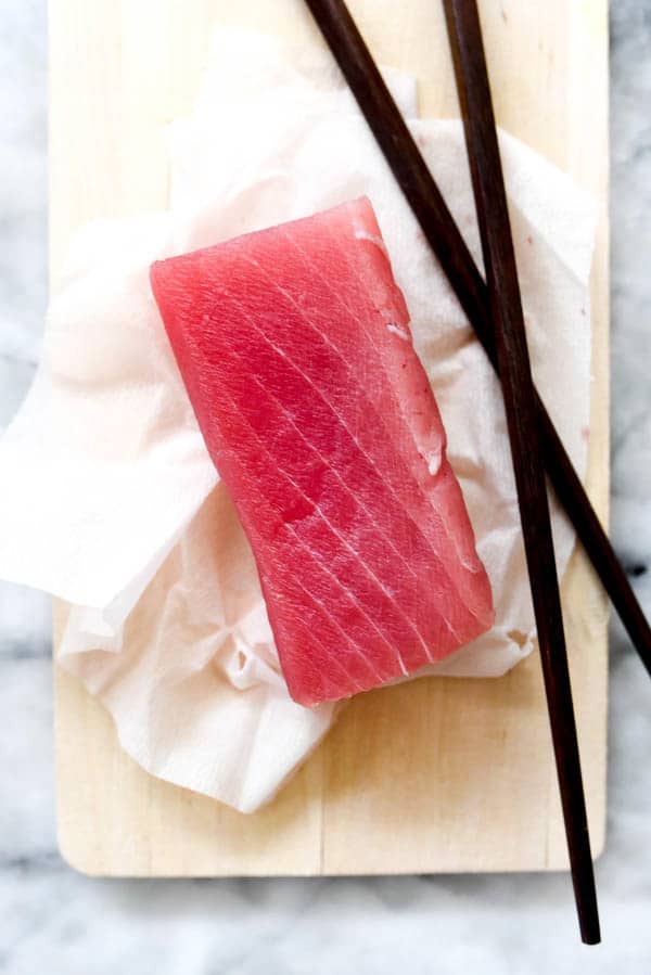 piece of ahi tuna for poke bowl