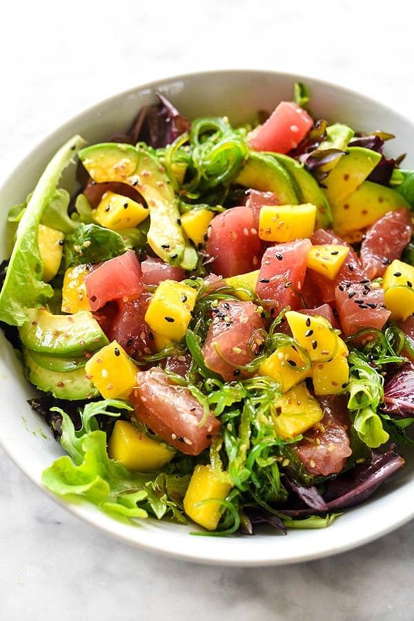 Ahi Tuna Poke Avocado and Mango Salad with a super simple 3 ingredient dressing | foodieccrush.com #salad #lunch #ahi