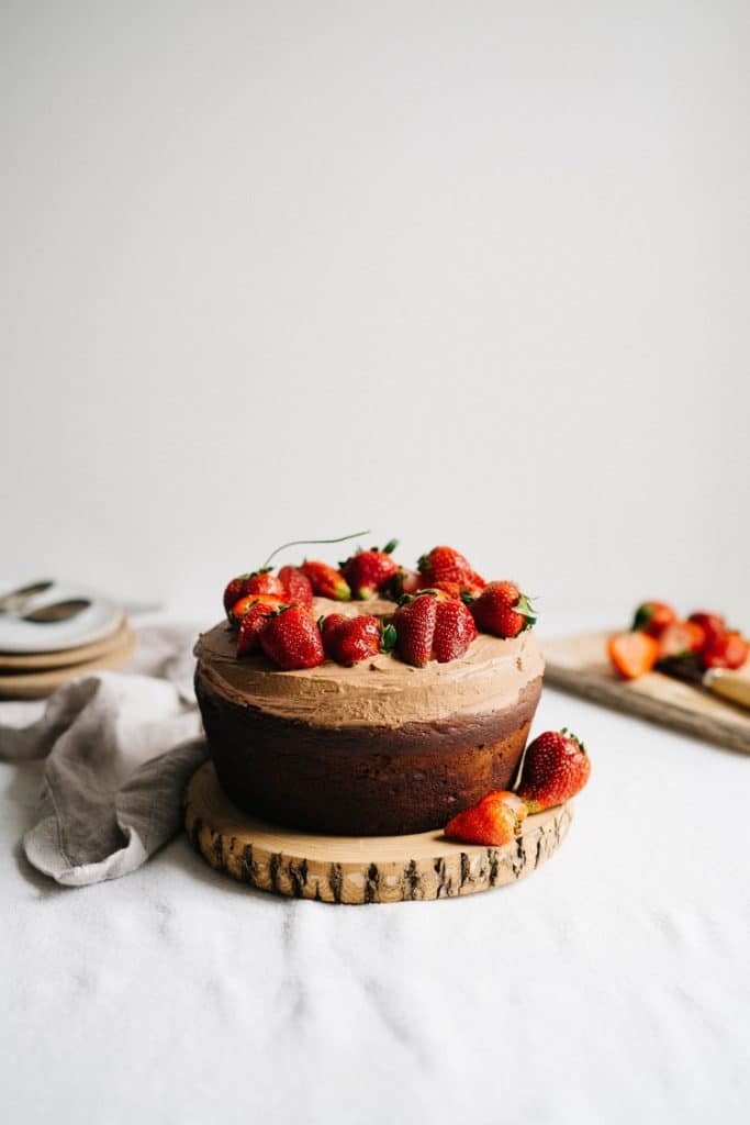Strawberry-Rhubarb and Olive Oil Chocolate Cake with Chocolate Whip from dolly + oatmeal on foodiecrush.com