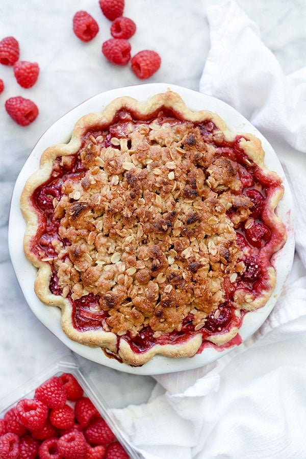 Rhubarb and Raspberry Pie With Oatmeal Crumble | #recipe #easy #crumble #raspberry foodiecrush.com
