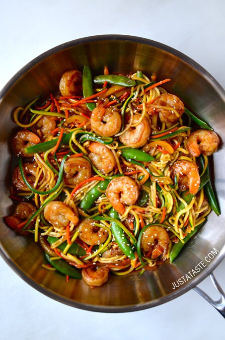 Asian Zucchini Noodle Stir Fry With Shrimp from Just a Taste | foodiecrush.com 