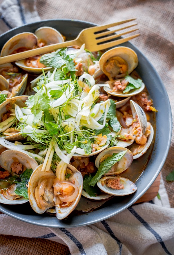 Negra Modela Steamed Clams with Chorizo and Shaved Fennel-Herb Salad from A Beautiful Plate on foodiecrush.com