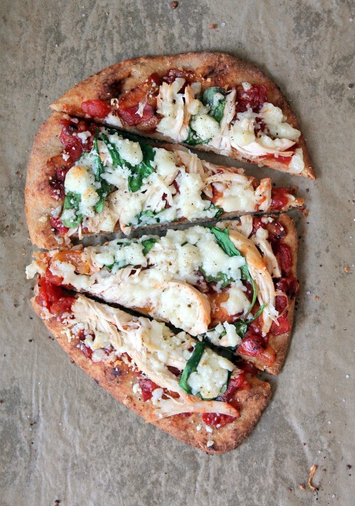 Rotisserie Chicken Naan Pizza with Spinach, Queso and Fire-Roasted Tomato Mango Sauce