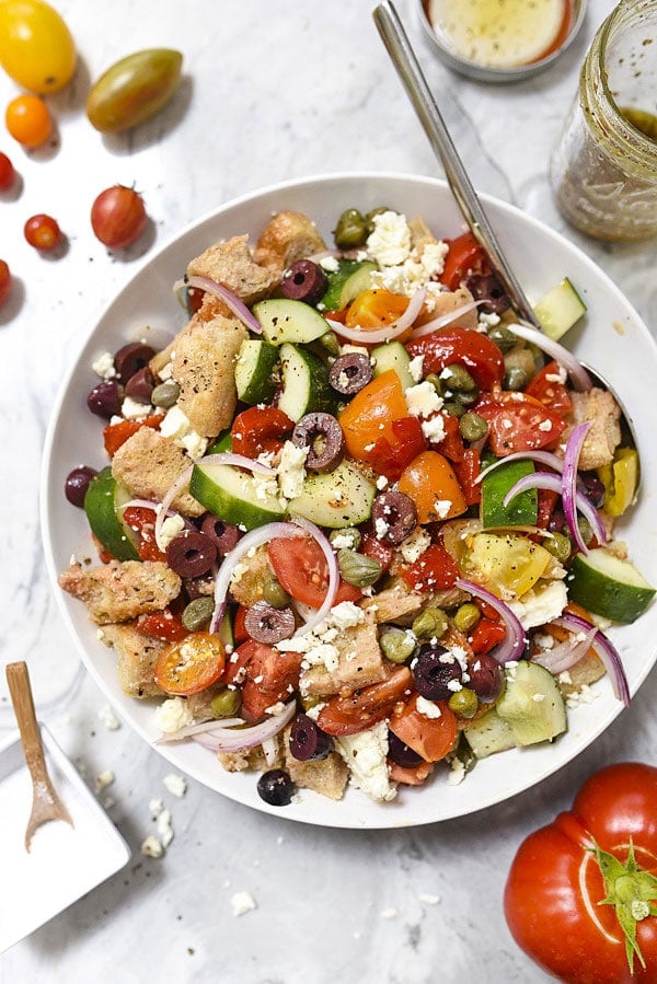 Greek-Style Panzanella Bread Salad Recipe | #salad #dinners #summer #Greek foodiecrush.com