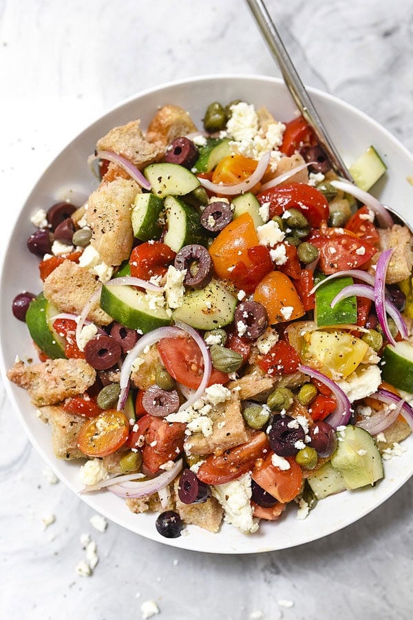 Greek-Style Panzanella Bread Salad Recipe | #salad #dinners #summer #Greek foodiecrush.com