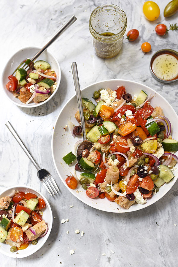 Greek-Style Panzanella Bread Salad Recipe | foodiecrush.com