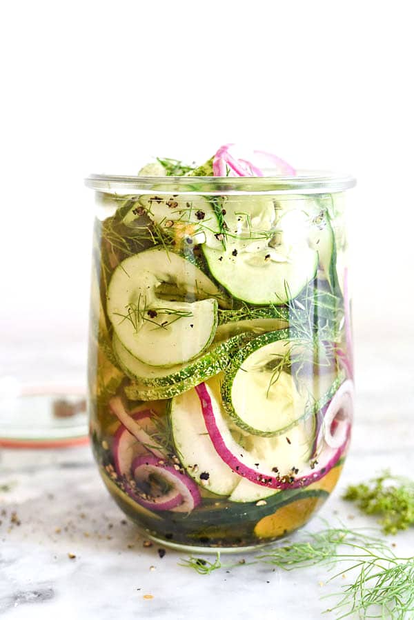 Spiralized Refrigerator Quick Dill Pickles | #dill #easy #DIY #quick #applecidervinegar foodiecrush.com