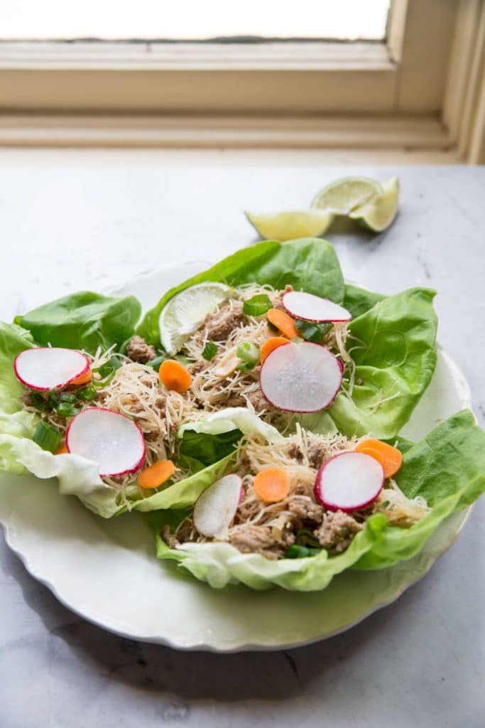 Asian Chicken Lettuce Wraps with Carrots and Radishes from The Vintage Mixer on foodiecrush.com