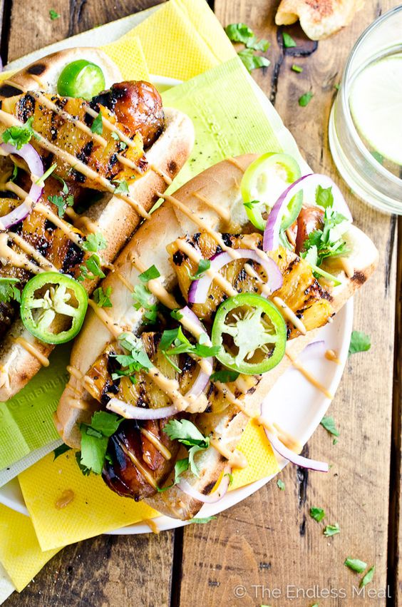 Hawaiian Hot Dogs with Grilled Pineapple and Teriyaki Mayo from theendlessmeal.com on foodiecrush.com