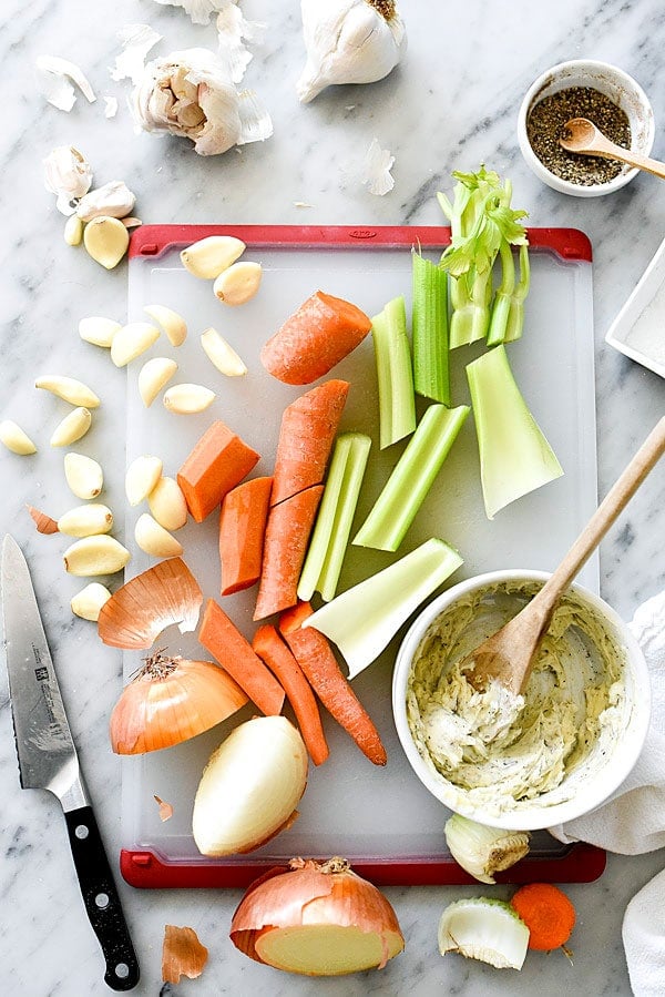 roasted garlic chicken ingredients on marble countertop