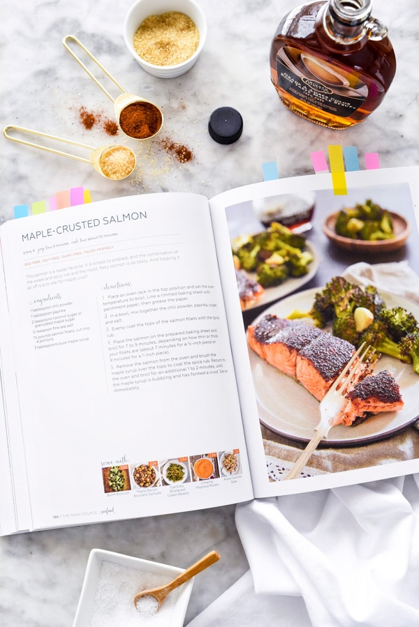 cookbook open to recipe for maple salmon