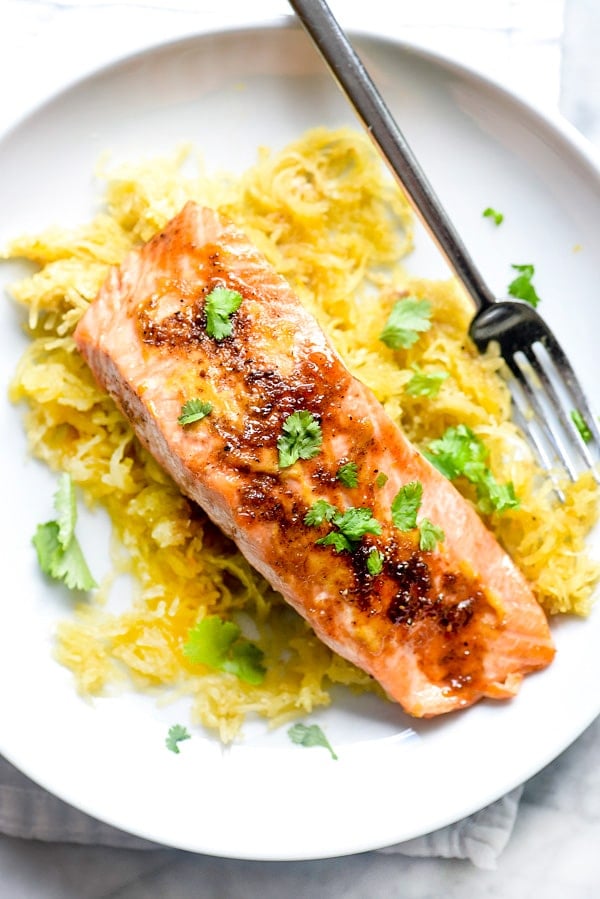 Orange Spiced Salmon with Spaghetti Squash | #baked #recipes #healthy #dinners foodiecrush.com