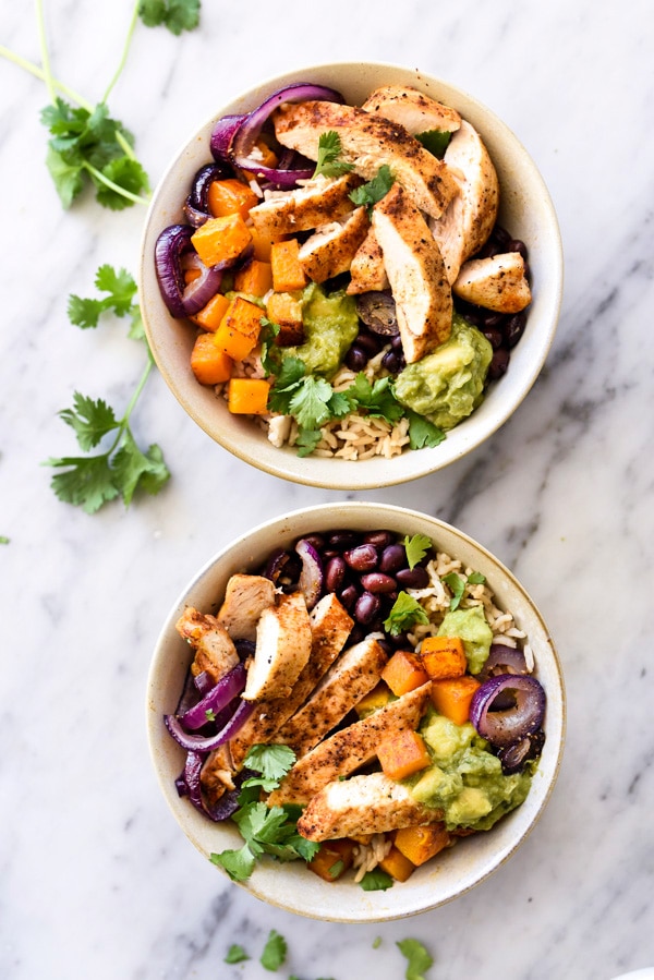 Roasted Chicken, Butternut Squash and Guacamole Rice Bowls | foodiecrush.com