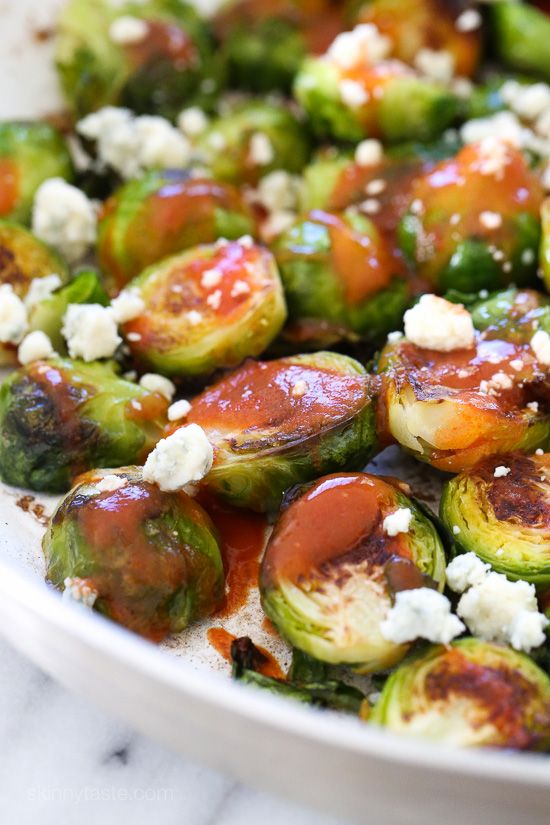 Buffalo Brussels Sprouts with Crumbled Blue Cheese from skinnytaste.com on foodiecrush.com 