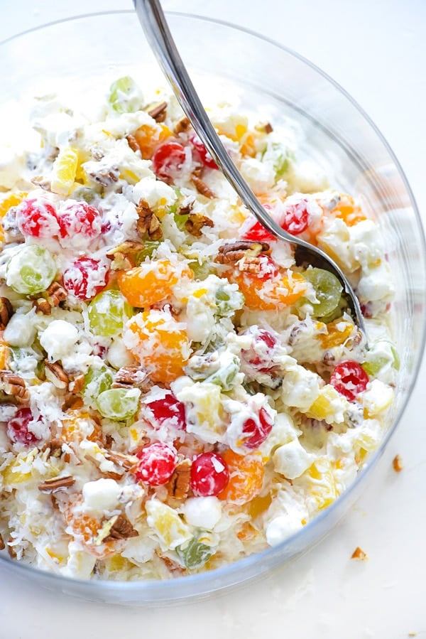 classic ambrosia salad in glass serving bowl