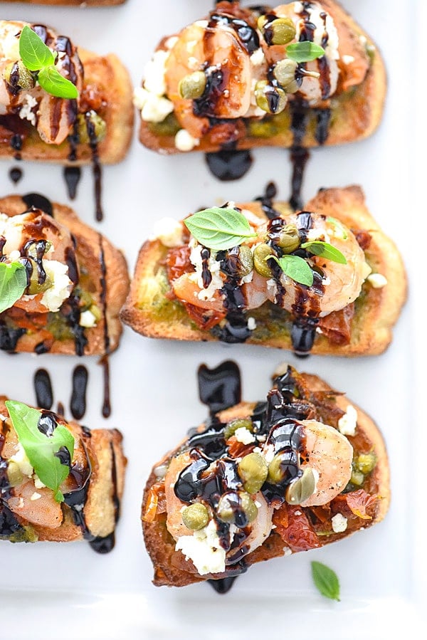 Pesto Shrimp Bruschetta Recipe | #appetizers #recipe #easy #balsamic foodiecrush.com