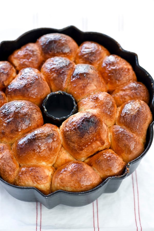baked monkey bread with dinner rolls in bundt pan