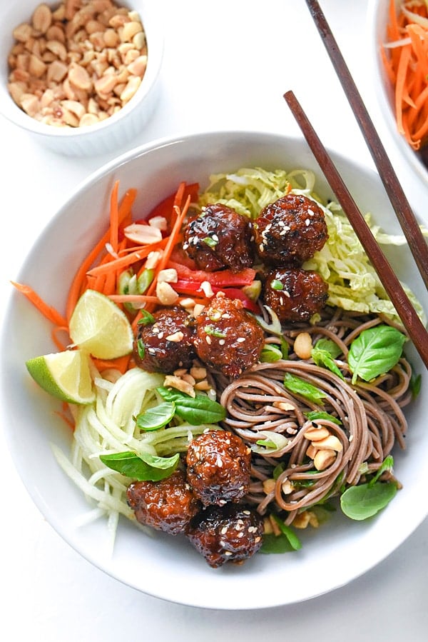 Soba Noodles with Sriracha Meatballs makes a fresh and healthy Asian-inspired noodle lunch or dinner | foodiecrush.com