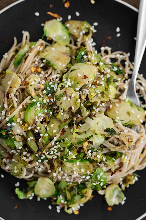 Sesame Brussels Sprout Soba Bowl from Naturally Ella | foodiecrush.com