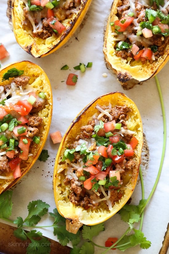 Turkey Taco Spaghetti Squash Boats from skinnytaste.com on foodiecrush.com