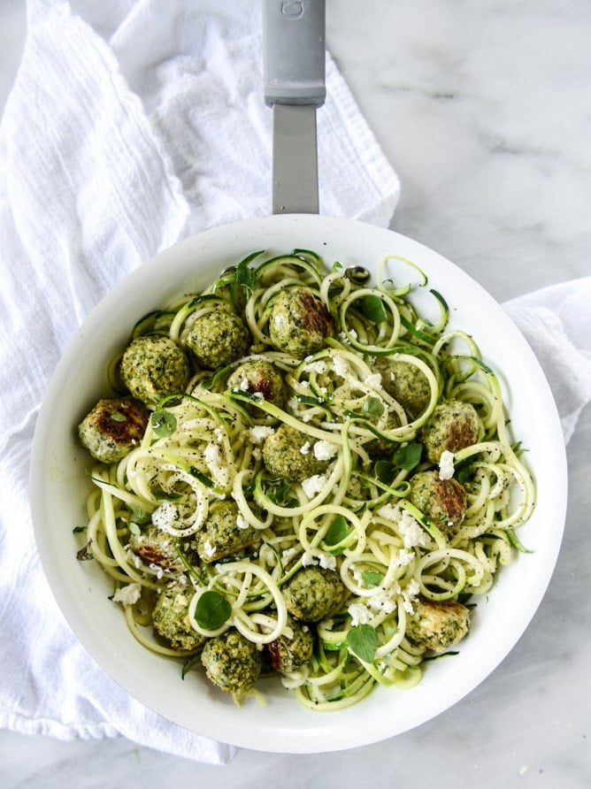 Zucchini Noodles with Mini Chicken Feta and Spinach Meatballs from howsweeteats.com on foodiecrush.com