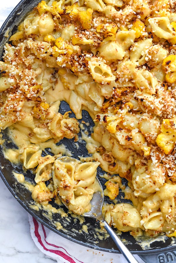 cauliflower mac and cheese in a skillet