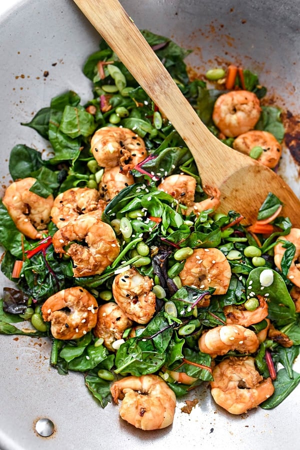 Sesame Shrimp with Asian Greens Rice Bowls | foodiecrush.com