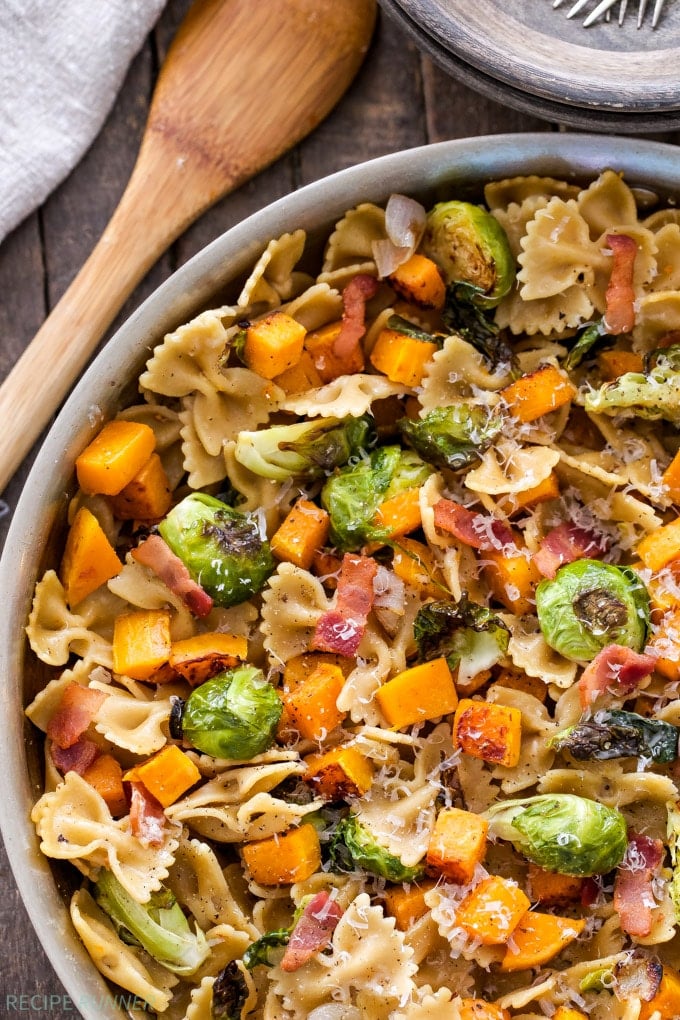 Bacon, Brussels Sprouts Butternut Squash Pasta from reciperunner.com on foodiecrush.com 