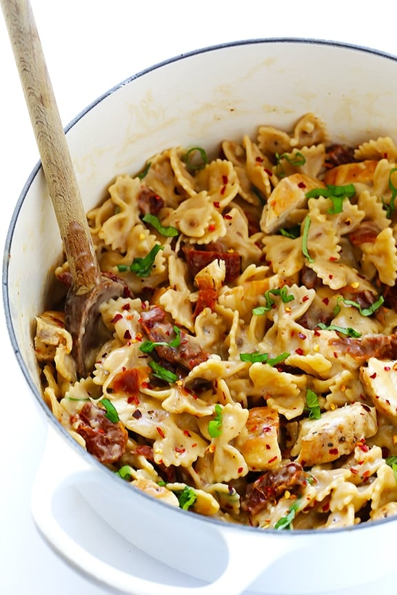 Creamy Pasta with Chicken and Sun-Dried Tomatoes from gimmesomeoven.com on foodiecrush.com
