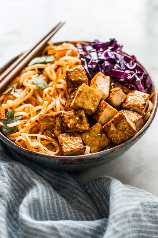 Easy Coconut Curry Stir Fry Noodles with Glazed Tofu from healthynibblesandbits.com on foodiecrush.com