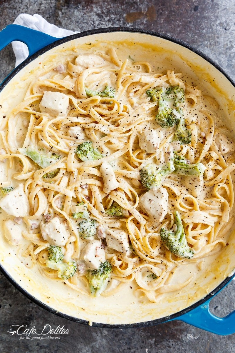 Skinny One Pot Chicken Bacon Fettuccine Alfredo from cafedelites.com on foodiecrush.com