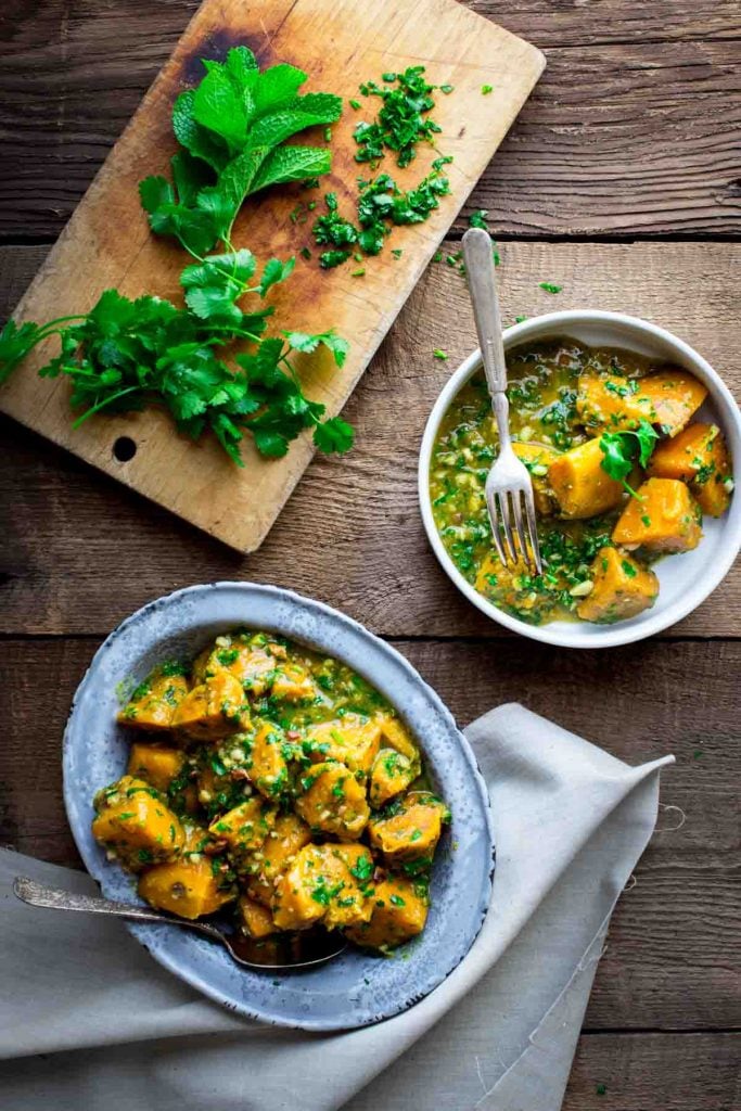 Saucy Sweet Potatoes with Coconut Curry and Mint by Healthy Seasonal Recipes on foodiecrush.com