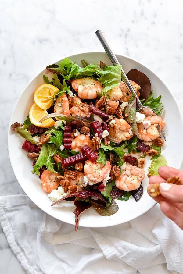 Green Salad with Shrimp, Beets, Pecans and Goat Cheese | foodiecrush.com