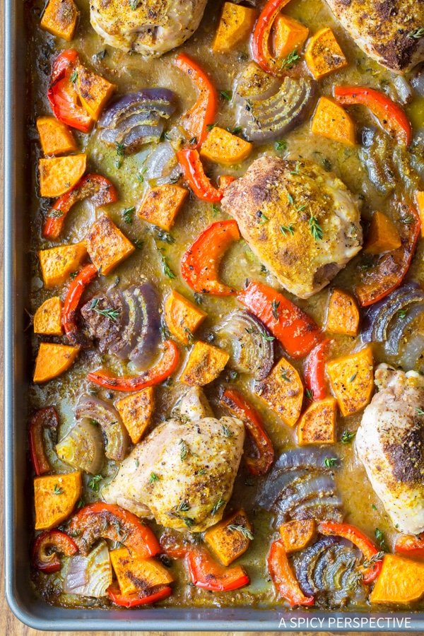 Healthy Caribbean Chicken Curry Sheet Pan Dinner from aspicyperspective.com on foodiecrush.com
