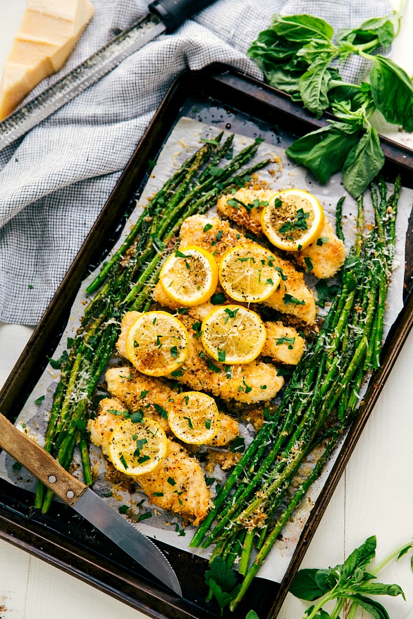 One Pan Lemon Parmesan Chicken and Asparagus from chelseasmessyapron.com on foodiecrush.com