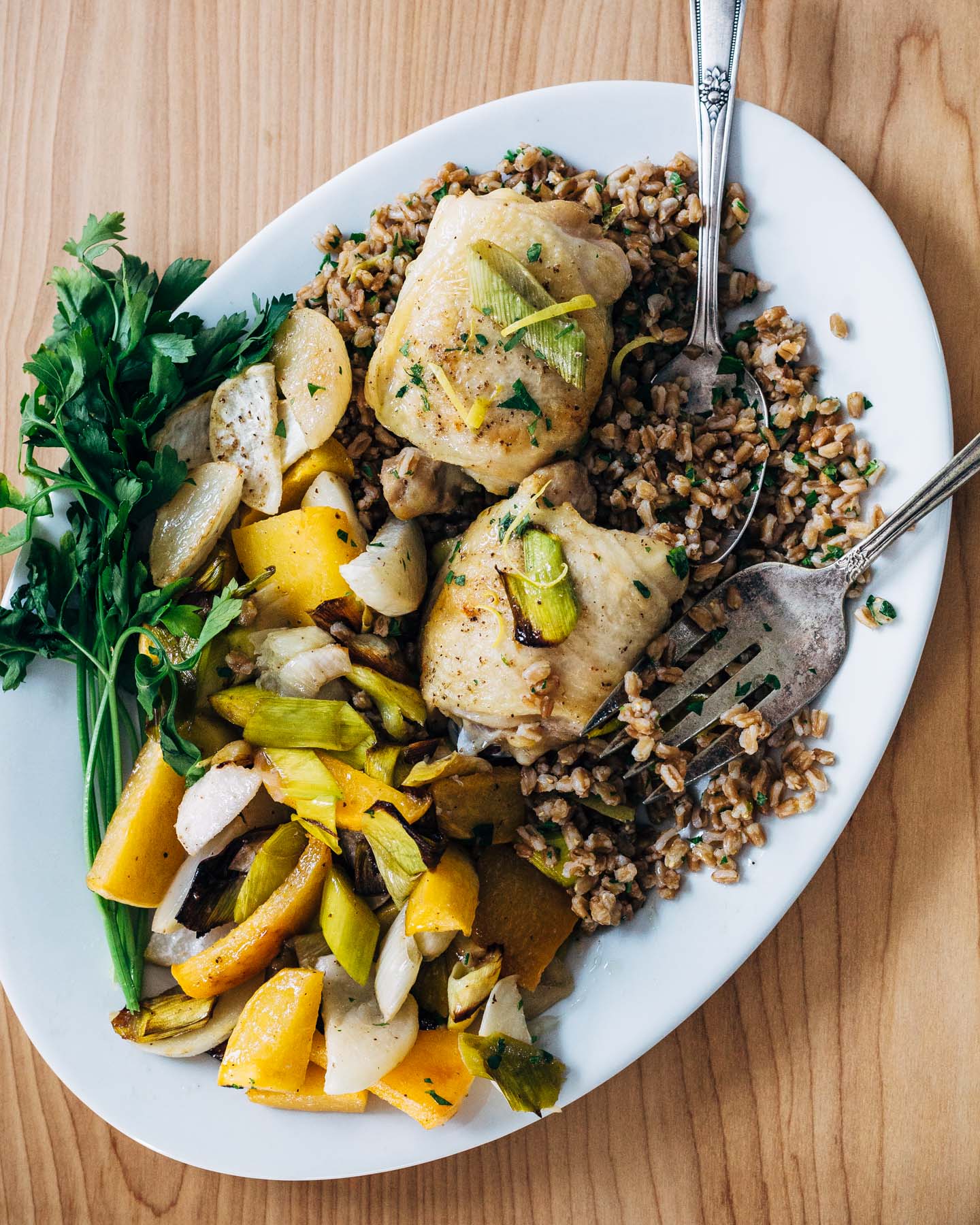 Sheet Pan Roasted Chicken and Vegetables Over Herbed Farro from brooklynsupper.com on foodiecrush.com