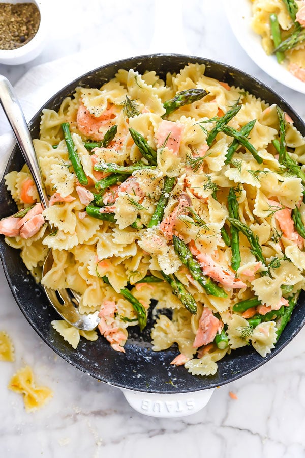 Creamy Bow Tie Pasta with Salmon and Asparagus | foodiecrush.com